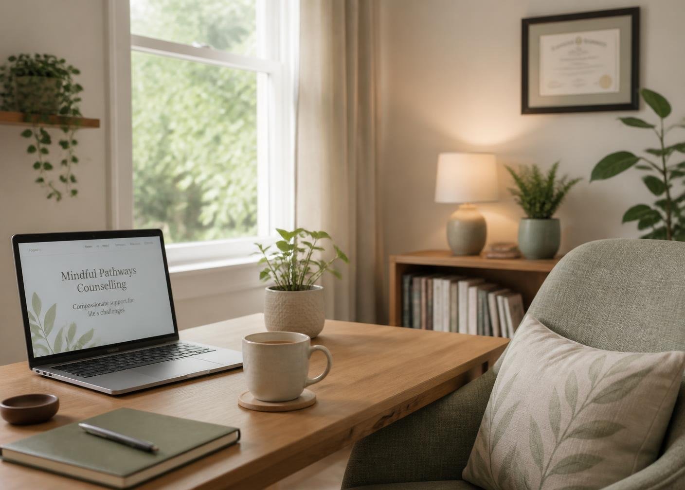 Cozy counseling space with laptop.